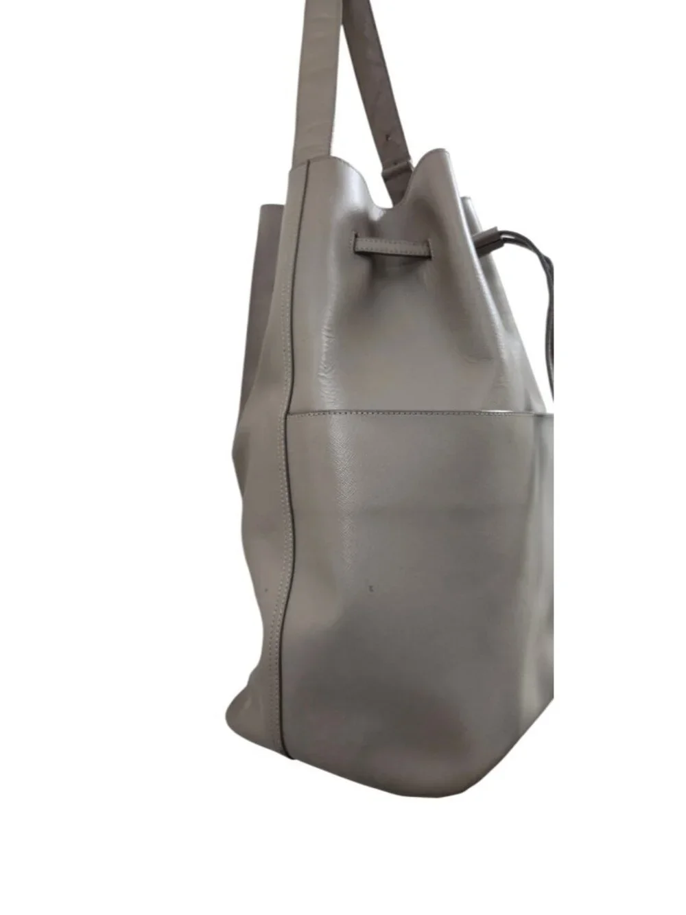 Cuyana Gray Saffiano Leather Bucket Bag Drawstring Shoulder Tote